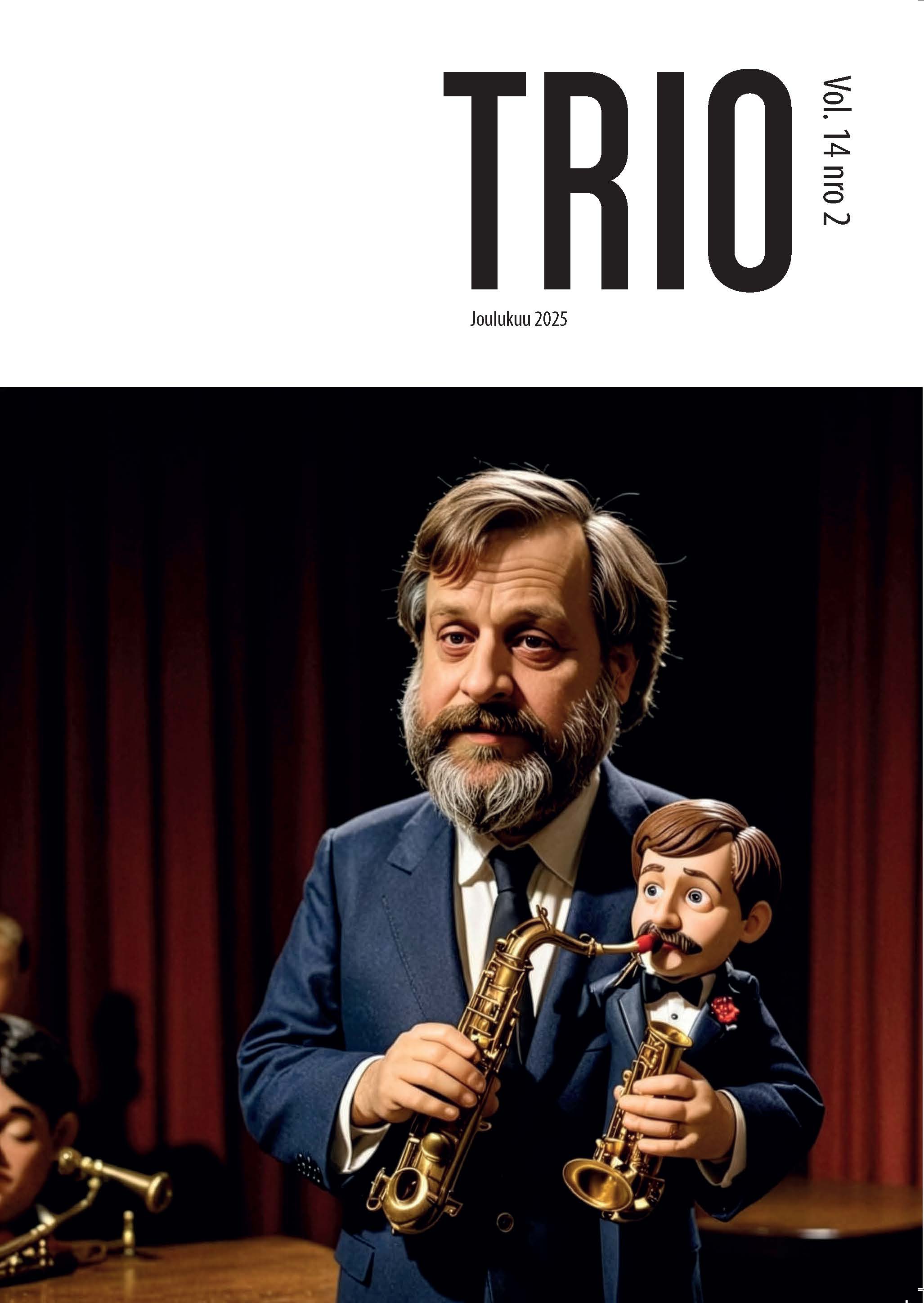 Trion kansikuva. Zizek ja vatsastapuhujan nukke saksofonistina.